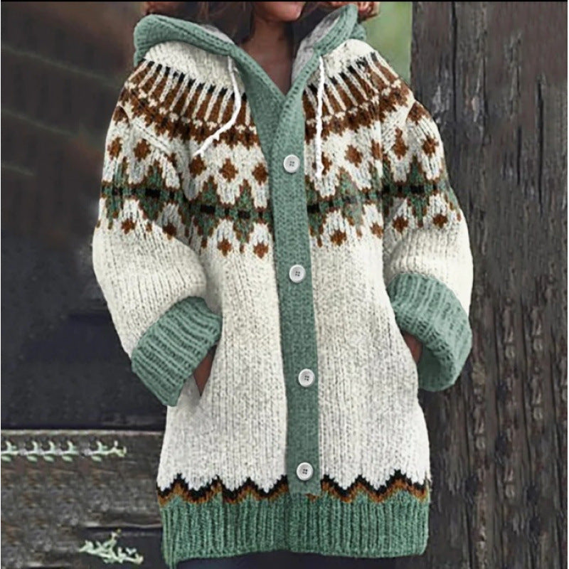 ⭐ 50% SLEVA 🔥 ✨ Nový dámský pletený svetr s kapucí, geometrickým vzorem a zapínáním na knoflíky, ideální na podzim a zimu, velikosti S–5XL.