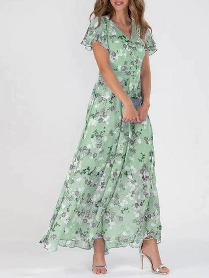 🌷🌷🌷【S-3XL】2026 új virágos sifon ruha fodros, V-nyakú ruhával