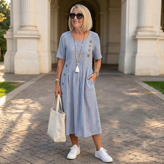 👗🏕️【S-2XL】 Lehké a vzdušné pruhované midi šaty