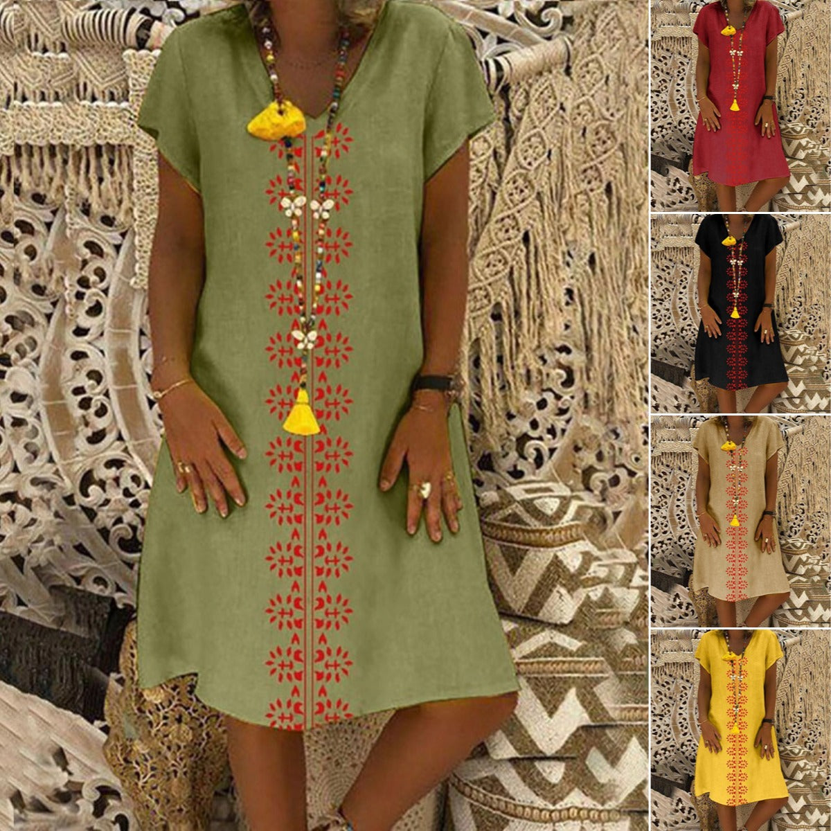 【🏆Akciós akció】👗【S-5XL】Mintás pamut V-nyakú nyomott ruha.