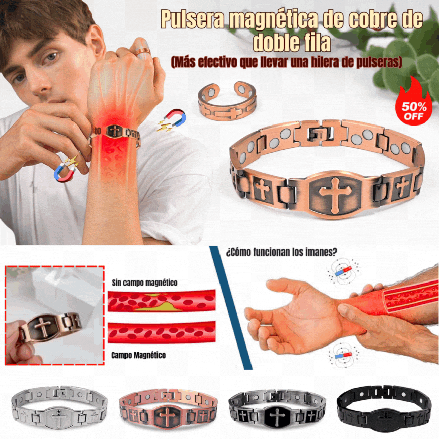 💙Compra uno y llévate otro gratis🎁 Pulsera de cruz de cobre de moda retro para hombre de Feraco, pulsera de terapia magnética