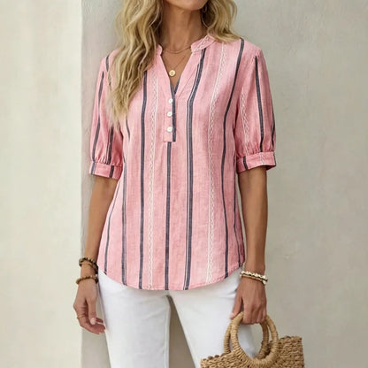 👚 【50% kedvezmény a szezonális ajánlatokra】Nyári rövid ujjú pamut és lenvászon csíkos blúz légáteresztő anyaggal