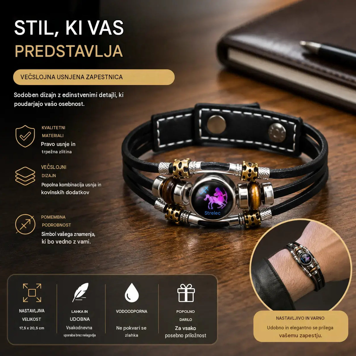 🌙 Svítící kožený náramek se znamením zvěrokruhu – třípramenný cop, nastavitelná délka, unisex 💫✨