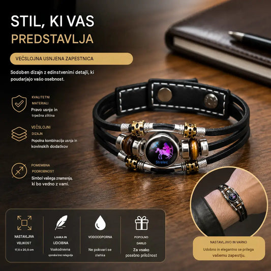 🌙 Svítící kožený náramek se znamením zvěrokruhu – třípramenný cop, nastavitelná délka, unisex 💫✨