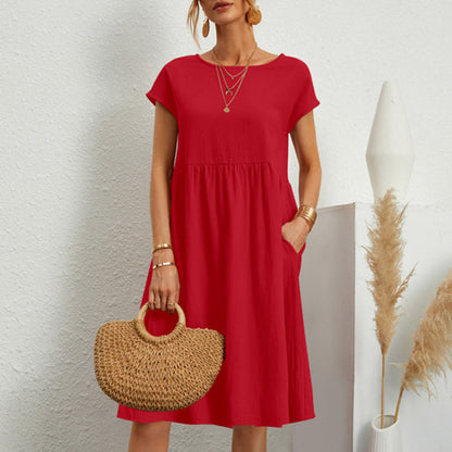 ✨【S-5XL】👗2025 női pamutvászon kerek nyakú, laza vonalú ruha