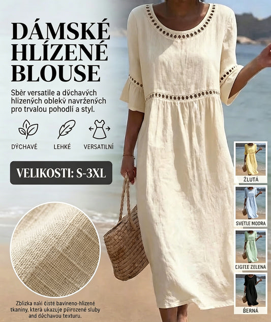 ✨【S–3XL】Dámské přiléhavé šaty z bavlny a lnu s kulatým výstřihem a balónovými rukávy, prodyšné a měkké, pohodlné na nošení