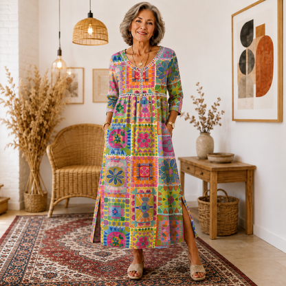 Julieta | Retro elegáns, testhezálló ruha, kerek nyakú, virágmintás maxi ruha