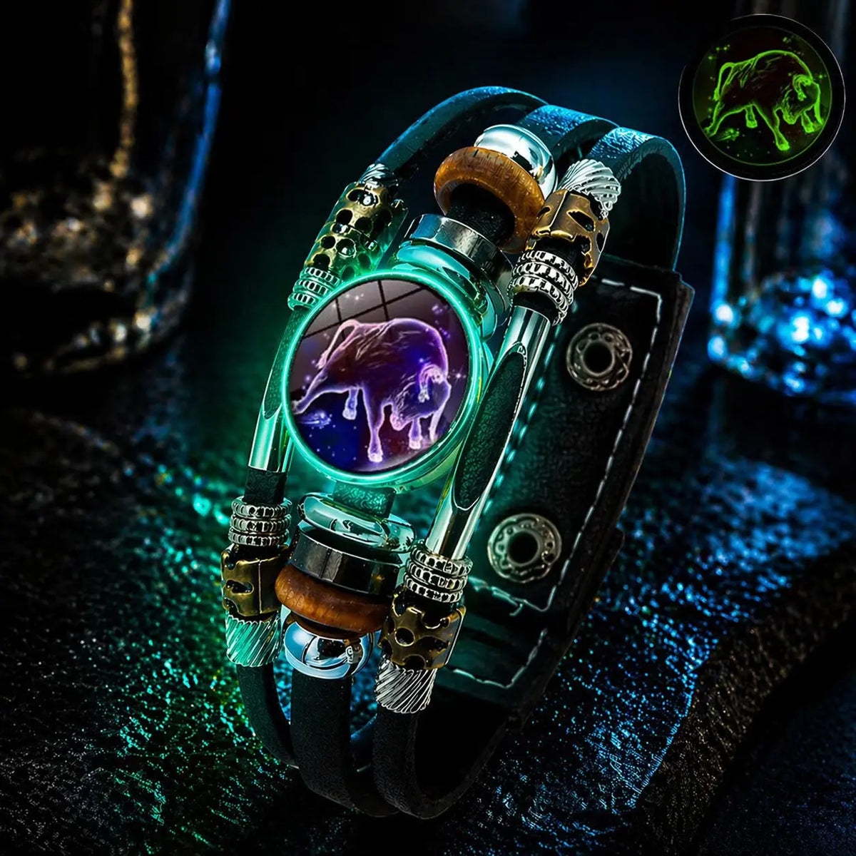 🌙 Svítící kožený náramek se znamením zvěrokruhu – třípramenný cop, nastavitelná délka, unisex 💫✨