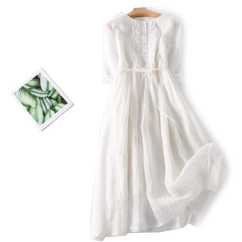 🌺💃♥【50% kedvezmény】Hosszú, nyári szünidei ruha kerek nyakkivágással és feszes derékkal, pamutból és lenvászonból.