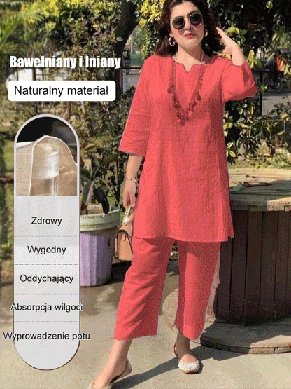 🌺【40-100kg】👚👖2025-ös új divatos egyszínű ruha, kétrészes szett