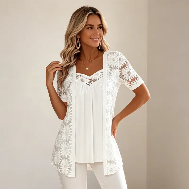 👚 Elegantní halenky 2 v 1 s krajkou a síťovinou – zeštíhlující střih proti bříšku, 5 barev, velikosti S–4XL! 🌸✨