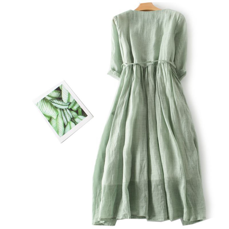 🌺💃♥【50% kedvezmény】Hosszú, nyári szünidei ruha kerek nyakkivágással és feszes derékkal, pamutból és lenvászonból.
