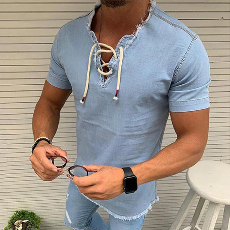🤠【40-110 kg✨】👔 Nagy méretű férfi farmeringek rövid ujjúval és csipkével, rugalmas anyagból ✅️Utánvétes fizetés
