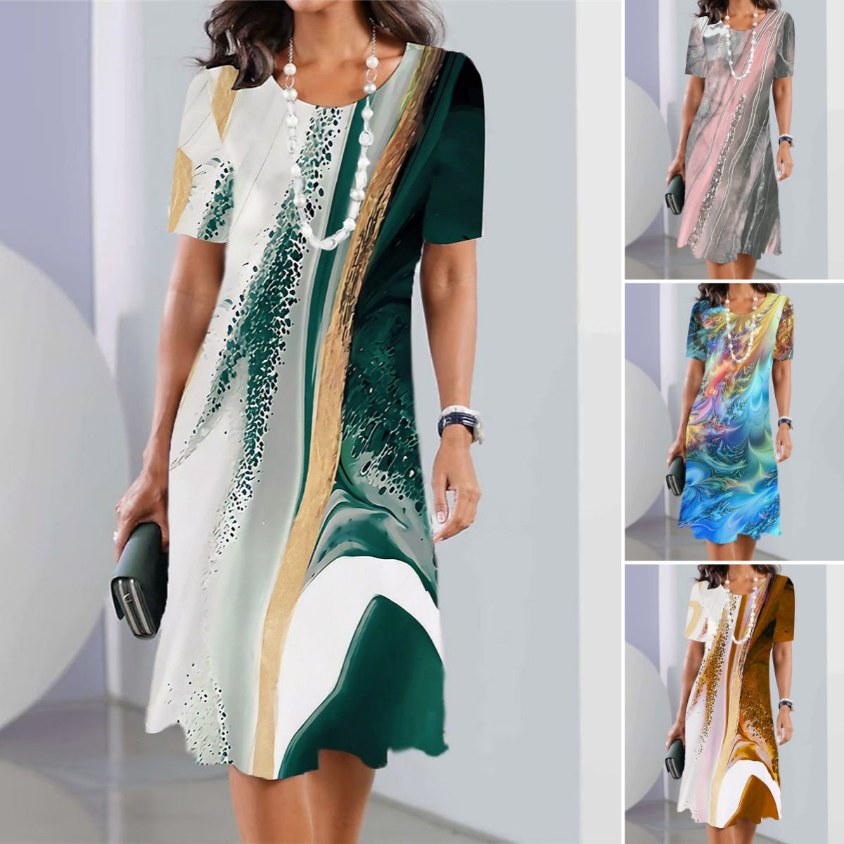 👗【XS-5XL】2026 szexi női kerek nyakú, nyomott ruha