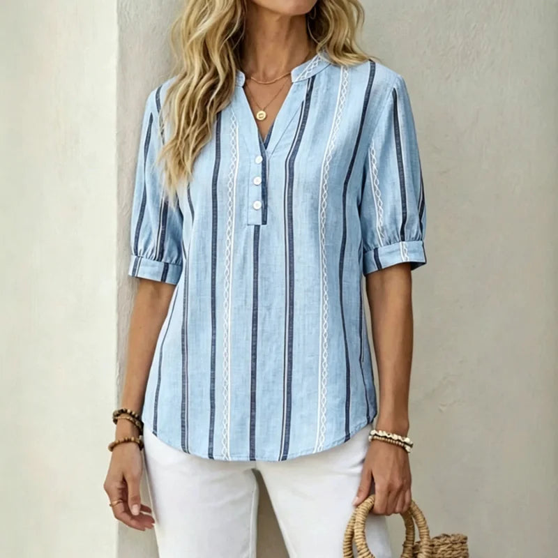 👚 【50% kedvezmény a szezonális ajánlatokra】Nyári rövid ujjú pamut és lenvászon csíkos blúz légáteresztő anyaggal