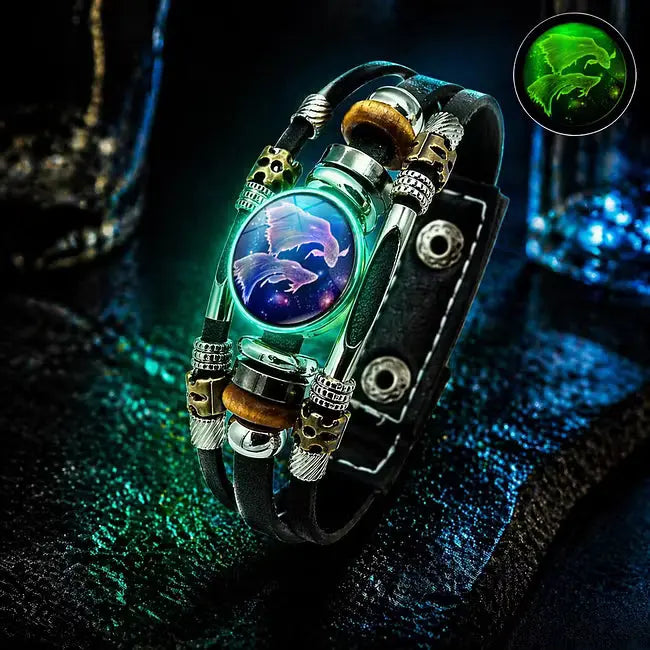 🌙 Svítící kožený náramek se znamením zvěrokruhu – třípramenný cop, nastavitelná délka, unisex 💫✨