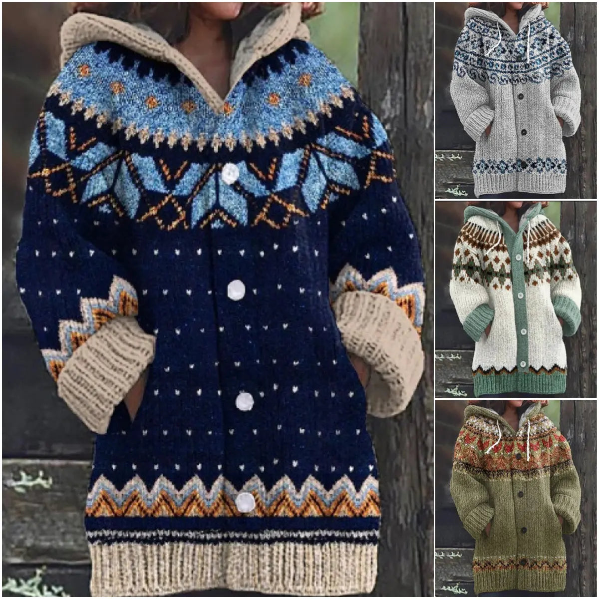 ⭐ 50% SLEVA 🔥 ✨ Nový dámský pletený svetr s kapucí, geometrickým vzorem a zapínáním na knoflíky, ideální na podzim a zimu, velikosti S–5XL.