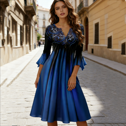 V-nyakú ruha (S-5XL) elegáns hímzéssel és zsebes kialakítással a nagyobb praktikum érdekében.