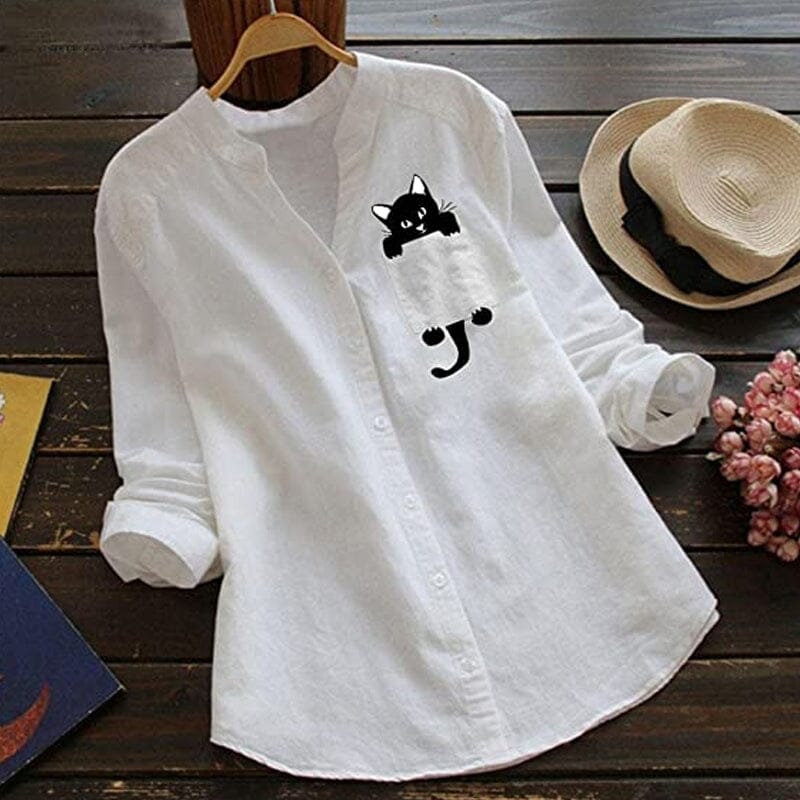 【S-3XL】😻 Hosszú ujjú V-nyakú macskamintás pamutblúz