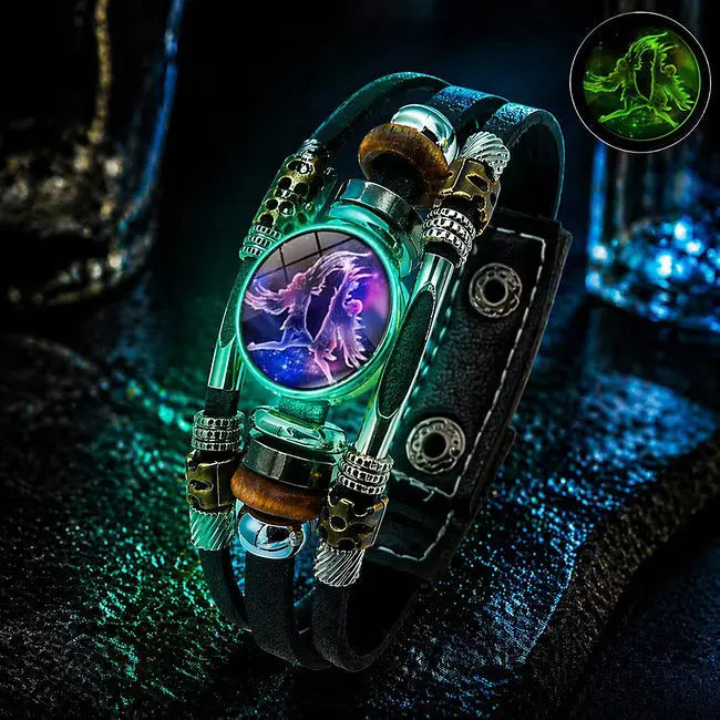 🌙 Svítící kožený náramek se znamením zvěrokruhu – třípramenný cop, nastavitelná délka, unisex 💫✨