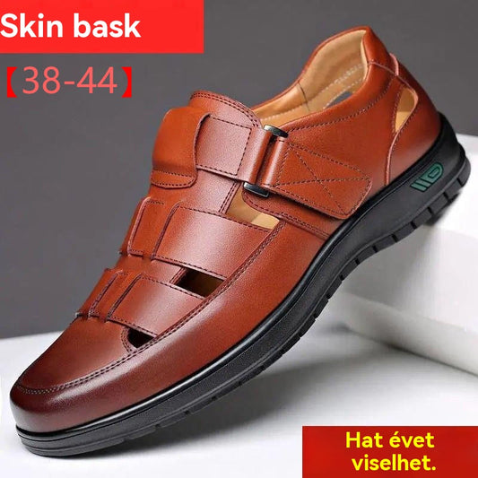 【38-44】👞2025 Nyári Férfi Valódi Bőr Lélegző, Üreges, Csúszásmentes Alkalmi Szandál