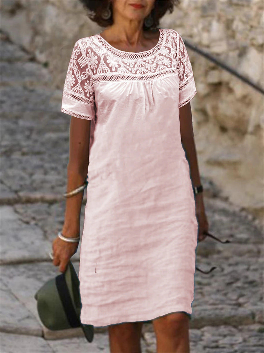 【S~3XL】Az új kerek nyakú patchwork csipke nyári ruha pamutból és lenből
