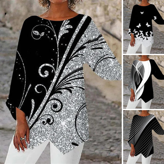 🔥 【Időszakos akció】【S–5XL】【40–100 kg】2026-os új, kerek nyakú, mintás hosszú ujjú felső