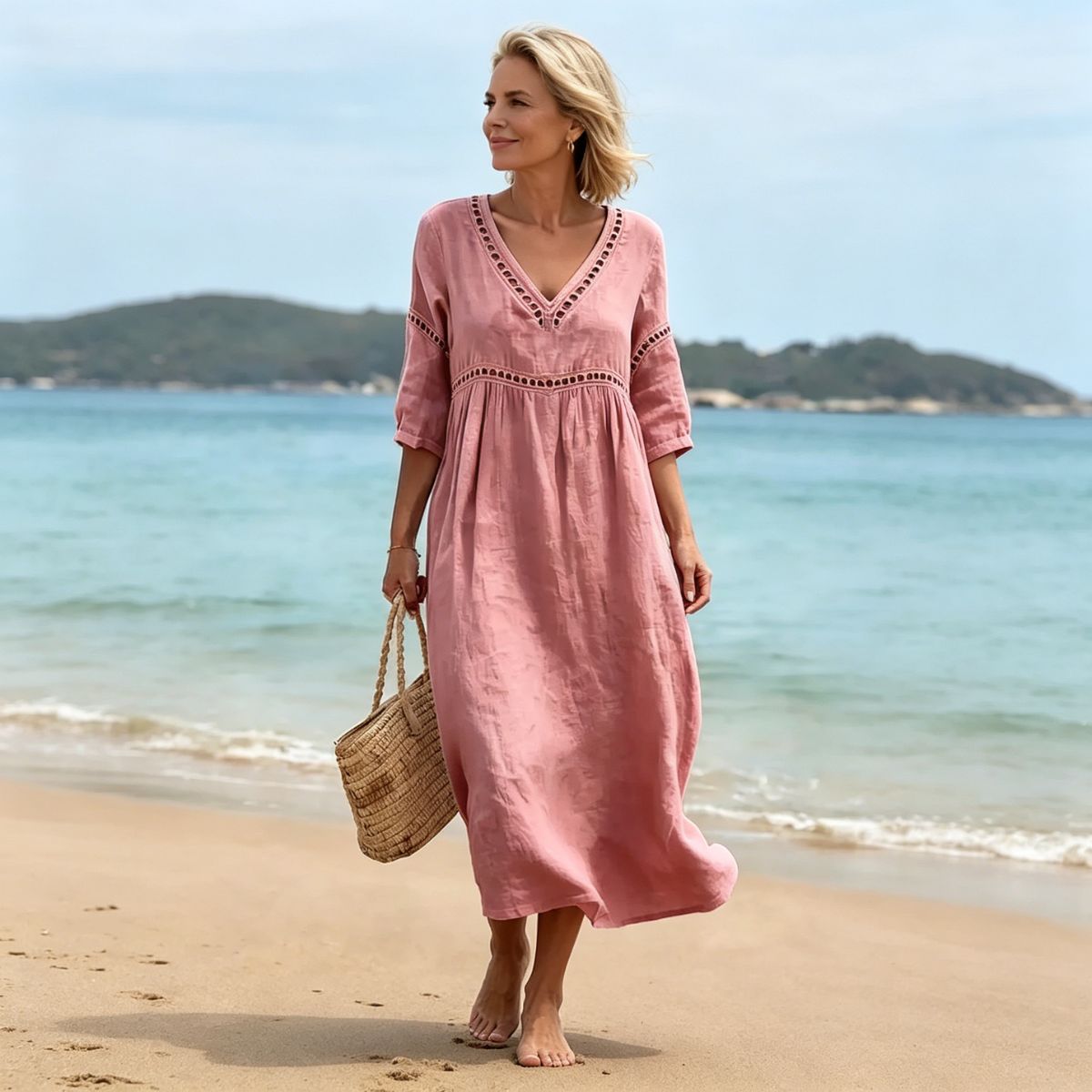 👗【S-3XL】Nyári divatos pamutvászon ruha, V-nyakú kialakítás, lélegző és kényelmes, karcsúsító