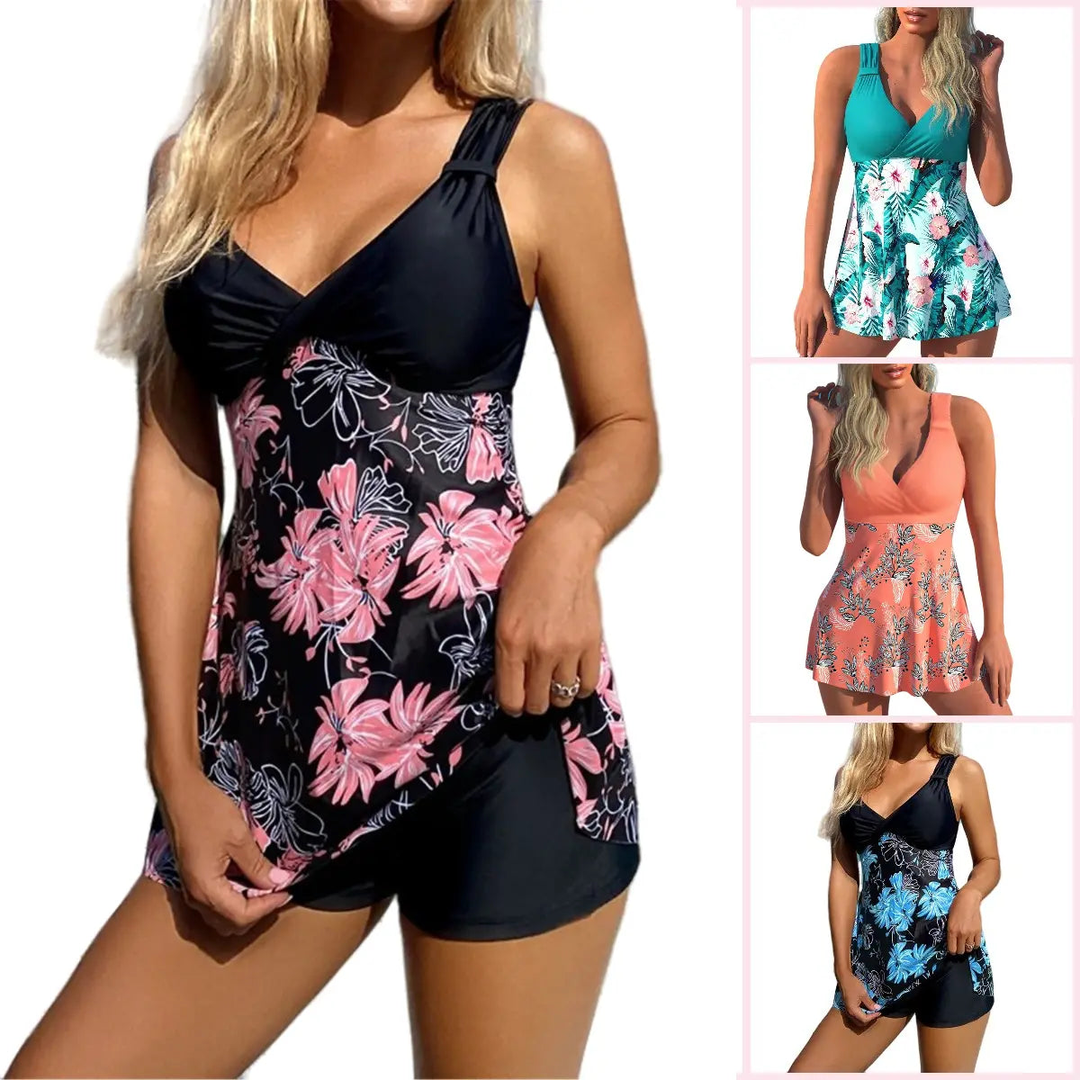 🌴🏖️【Utolsó nap – 50% kedvezmény🔥】【S-5XL】Új, nagy méretű mintás fürdőruha szett rövidnadrággal, hátsó hasítékkal, gyorsan száradó anyagból