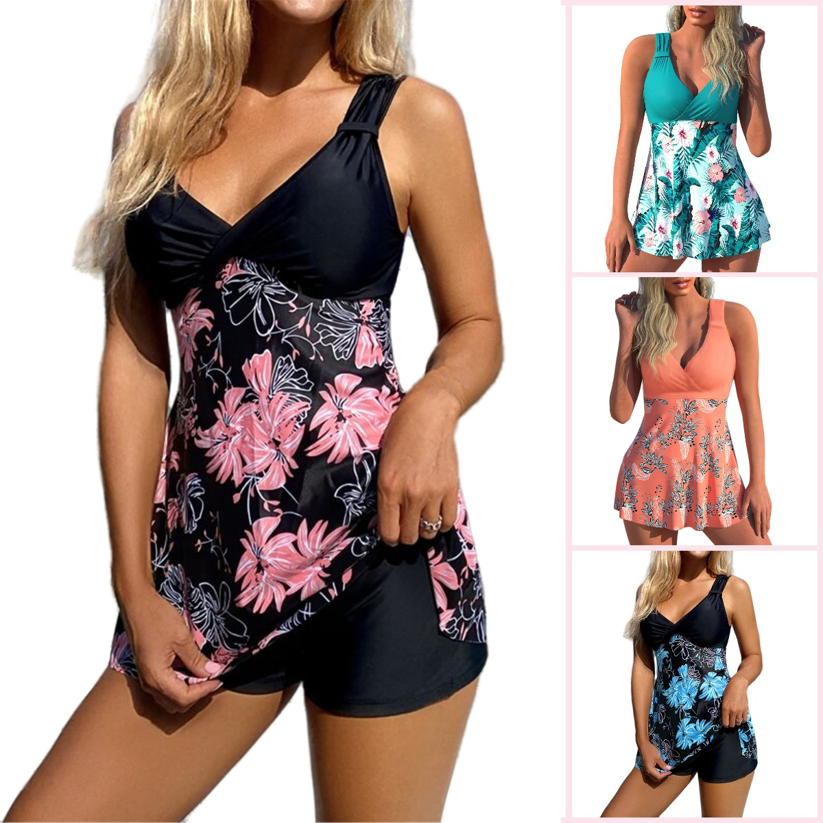 🌴🏖️🌈【S-5XL】😍 Damski zestaw kąpielowy z dużym kwiatowym nadrukiem, szorty, spódniczka do pływania z odkrytymi plecami, materiał szybkoschnący
