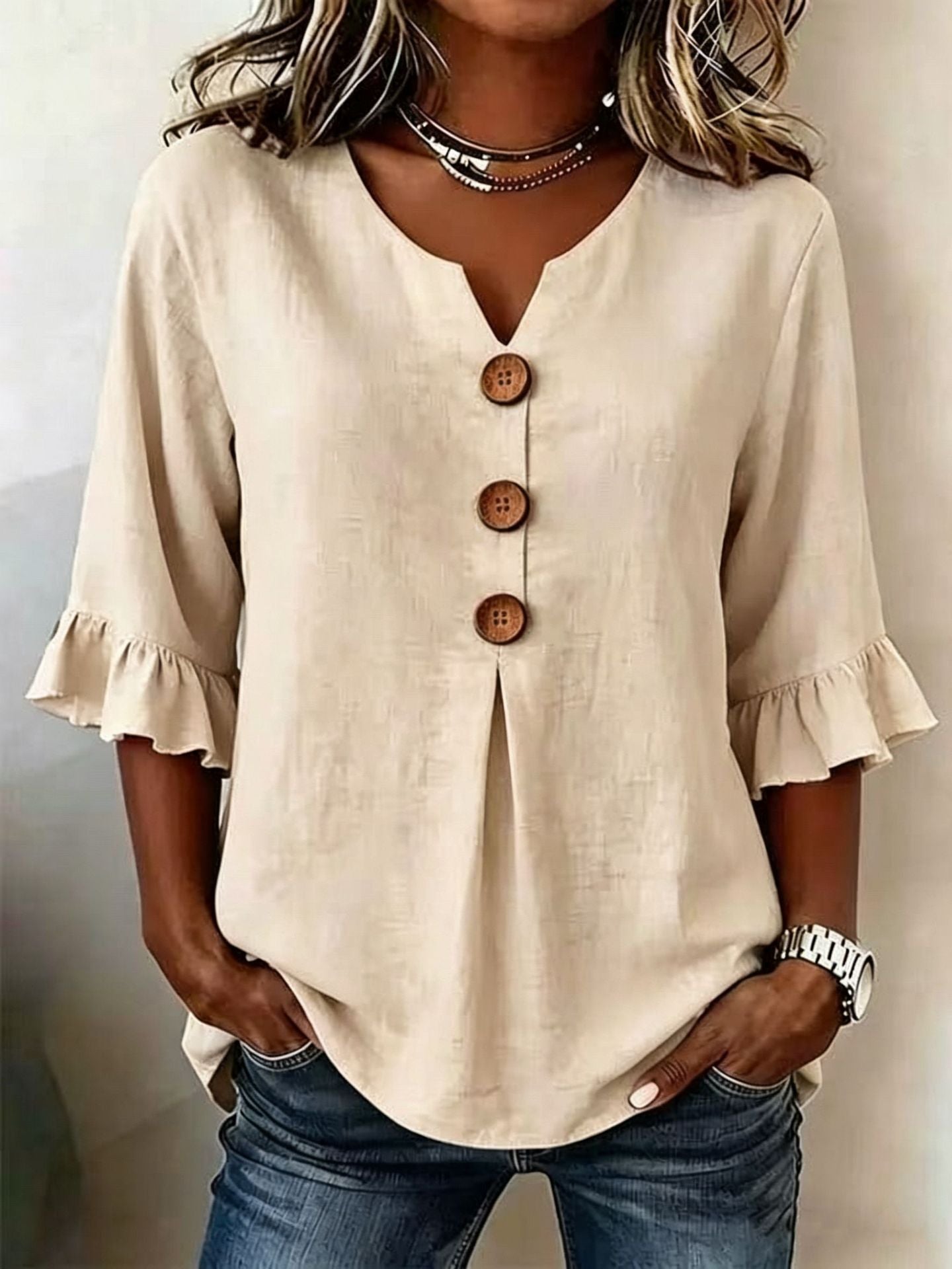 [S-3XL] Új női V-nyakú, fodros szélű blúz, pamut-len keverék, gombos nyakkal: egyszerű és elegáns.-U