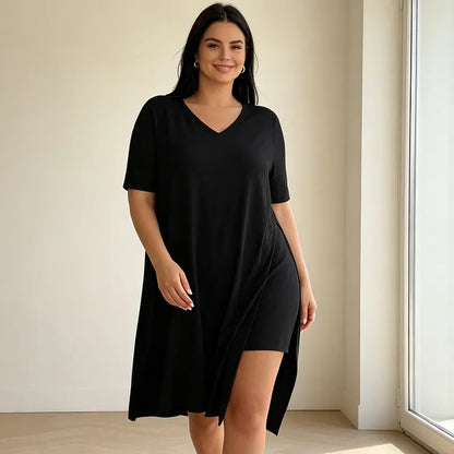Női kétrészes nyári szett plus size nőknek, hosszú póló oldalsó hasítékkal és rövidnadrág, puha, rugalmas és lélegző anyagból
