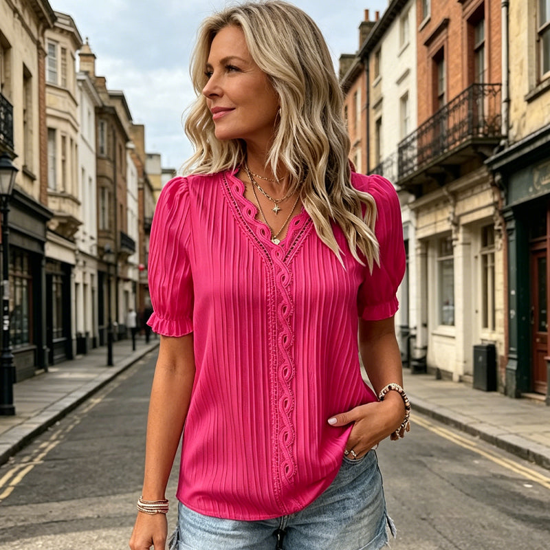 💞【50% kedvezmény】【S-5XL méretek】Új pamutvászon csipkés V-nyakú póló
