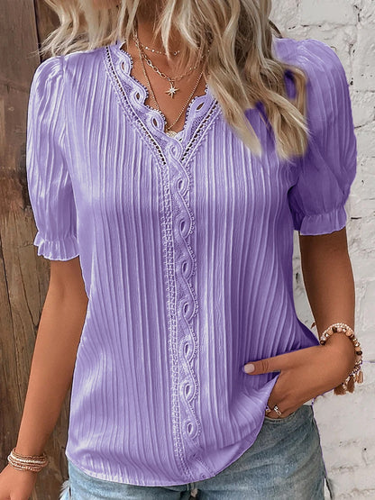 💞【50% kedvezmény】【S-5XL méretek】Új pamutvászon csipkés V-nyakú póló