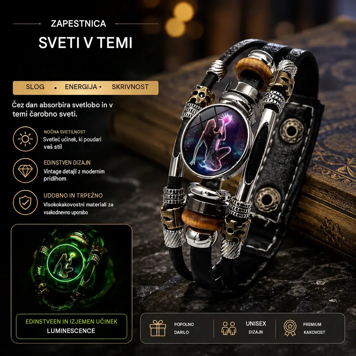 🌙 Svítící kožený náramek se znamením zvěrokruhu – třípramenný cop, nastavitelná délka, unisex 💫✨