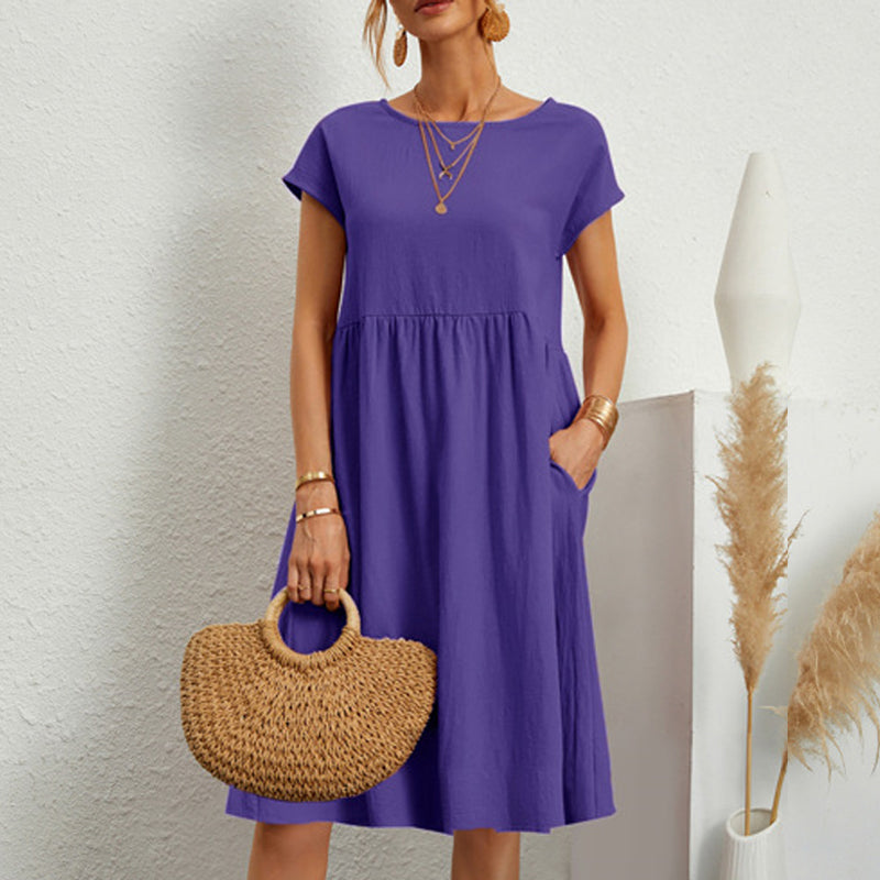 ✨【S-5XL】👗2025 női pamutvászon kerek nyakú, laza vonalú ruha