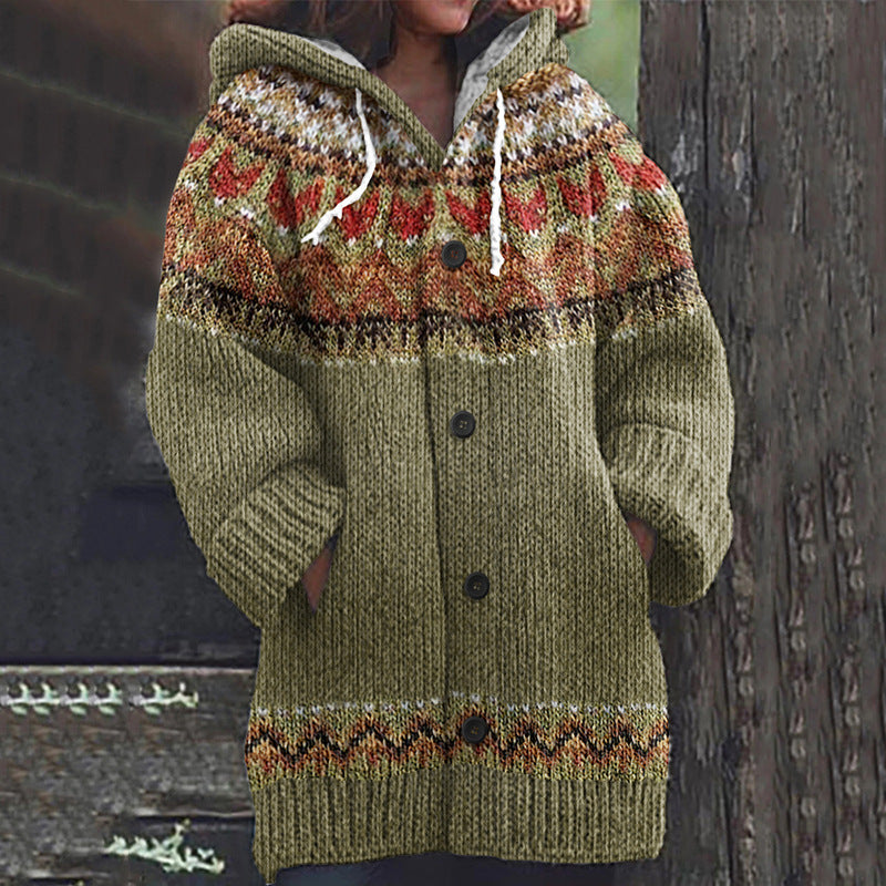 ⭐ 50% SLEVA 🔥 ✨ Nový dámský pletený svetr s kapucí, geometrickým vzorem a zapínáním na knoflíky, ideální na podzim a zimu, velikosti S–5XL.