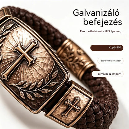 Férfi szőtt bőr karkötő, kereszttel és olajbogyó koszorúval díszítve, vintage fémből, különleges ajándék.