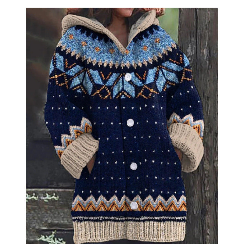 ⭐ 50% SLEVA 🔥 ✨ Nový dámský pletený svetr s kapucí, geometrickým vzorem a zapínáním na knoflíky, ideální na podzim a zimu, velikosti S–5XL.