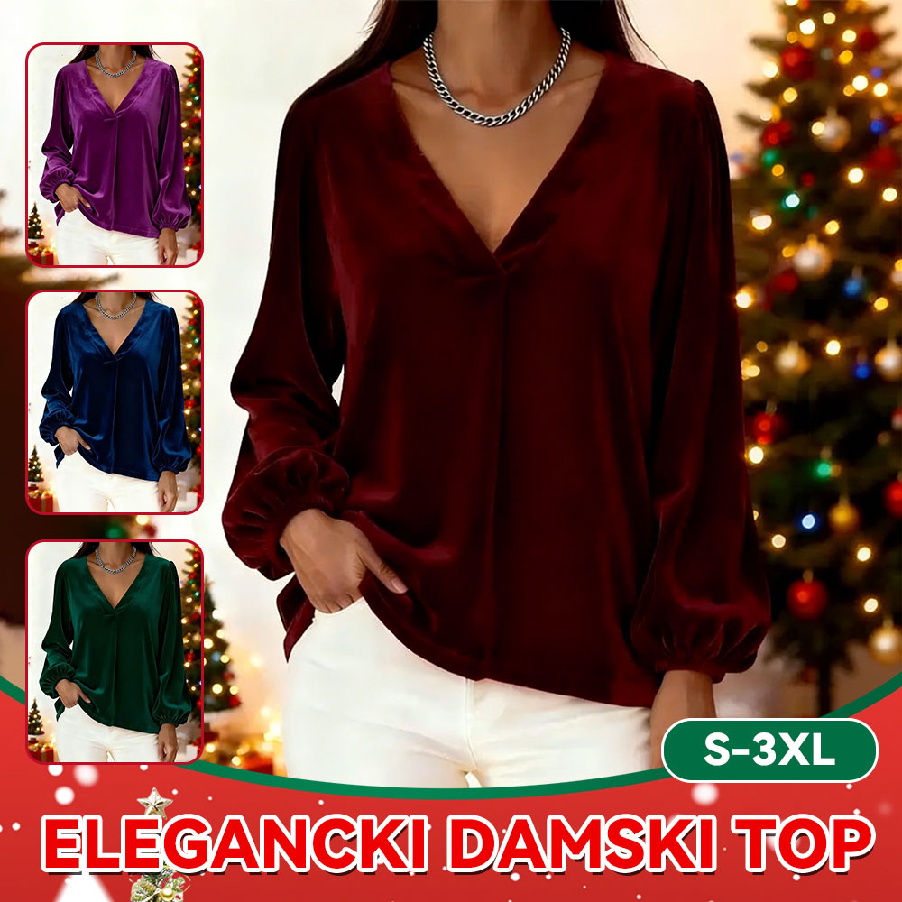 【S~3XL】Damska aksamitna bluzka T-shirt z dekoltem V i rękawami typu latarnia