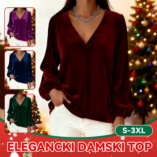 【S~3XL】Damska aksamitna bluzka T-shirt z dekoltem V i rękawami typu latarnia