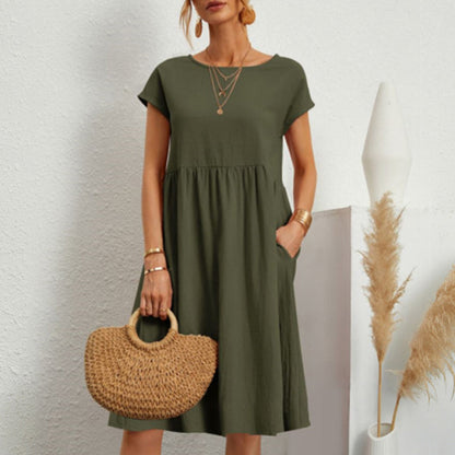 ✨【S-5XL】👗2025 női pamutvászon kerek nyakú, laza vonalú ruha