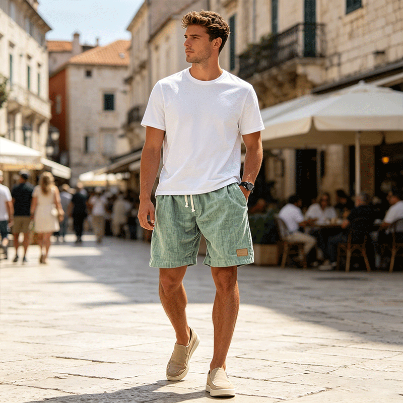 ⏳🔥【Utolsó nap -50%】👖【S-5XL】【55-110 kg】Férfi lezser rövidnadrág 2026 lenvászon hatással és húzózsinórral (nagy méretekben).