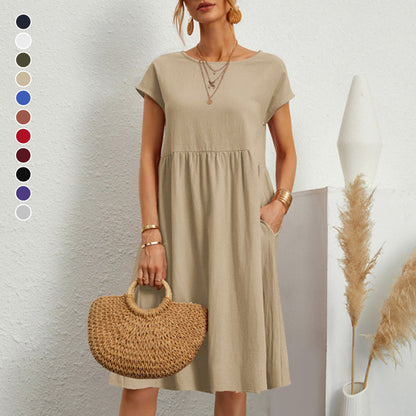 ✨【S-5XL】👗2025 női pamutvászon kerek nyakú, laza vonalú ruha