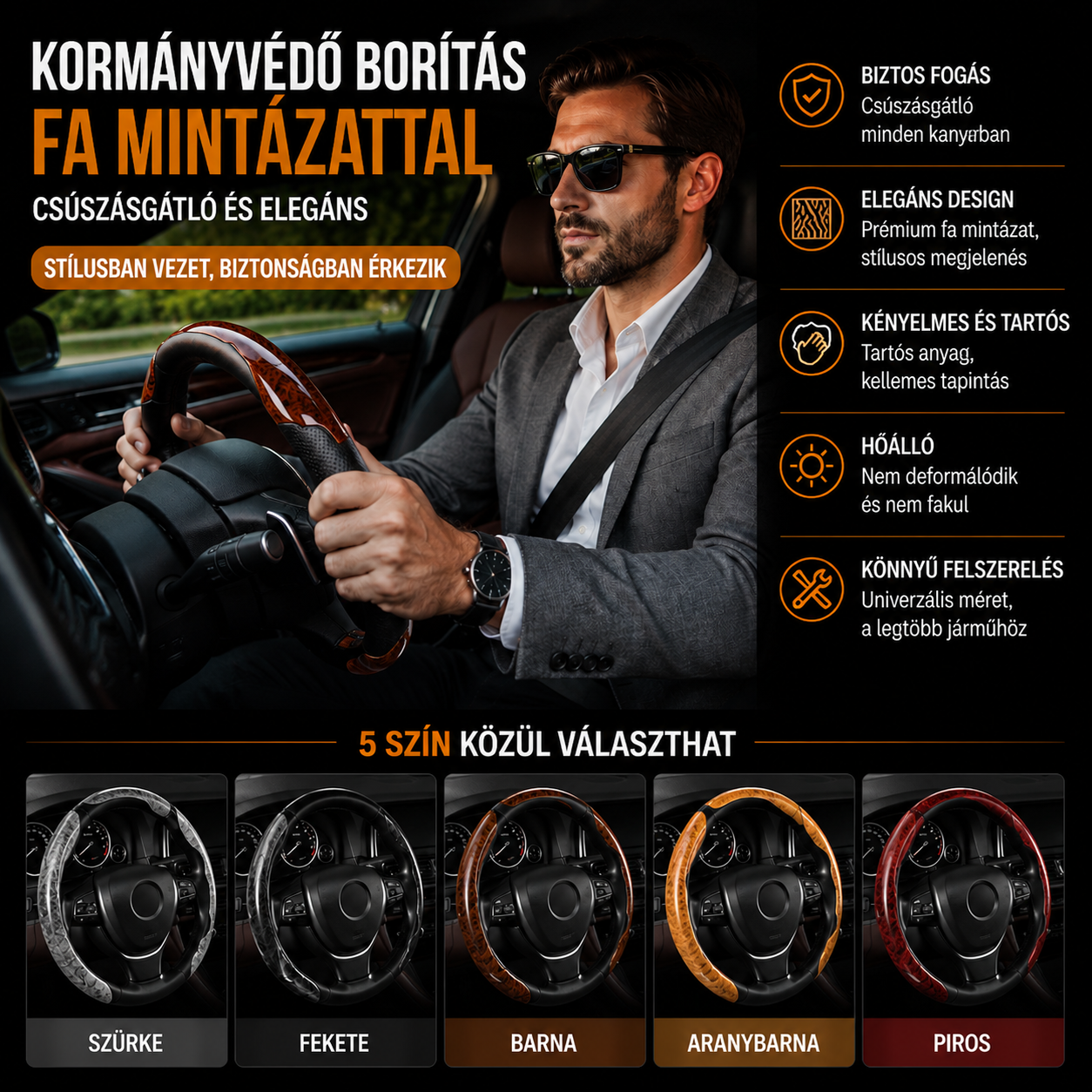 🔥【45% OFF】【1 db 3 darabos készlet】Csúszásgátló fa szemcsés autókormányburkolat
