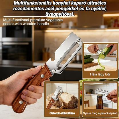 🔪【Vásárolj egyet, kapsz egyet ingyen】🔥Multifunkcionális konyhai kaparó ultraéles rozsdamentes acél pengékkel és fa nyéllel, üvegnyitóval.