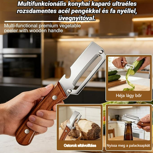 🔪【Vásárolj egyet, kapsz egyet ingyen】🔥Multifunkcionális konyhai kaparó ultraéles rozsdamentes acél pengékkel és fa nyéllel, üvegnyitóval.