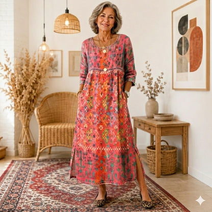 Julieta | Retro elegáns, testhezálló ruha, kerek nyakú, virágmintás maxi ruha