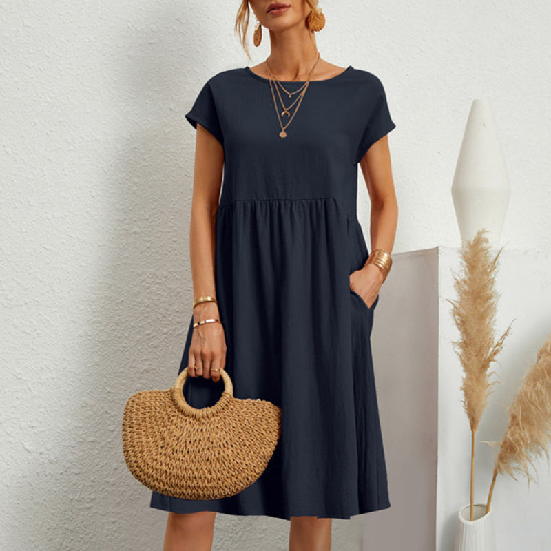 ✨【S-5XL】👗2025 női pamutvászon kerek nyakú, laza vonalú ruha
