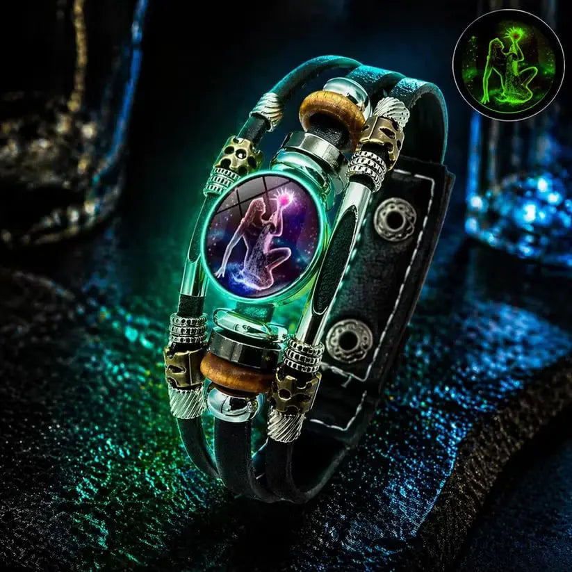 🌙 Svítící kožený náramek se znamením zvěrokruhu – třípramenný cop, nastavitelná délka, unisex 💫✨